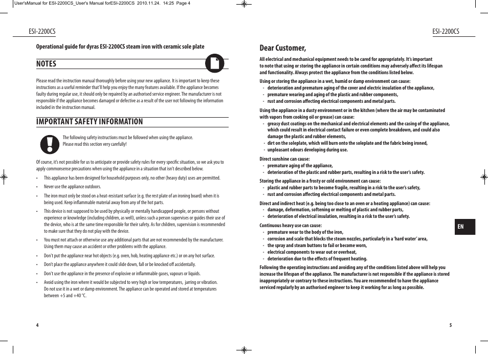 Dear customer, Important safety information, Esi-2200cs | Dyras ESI-2200CS User Manual | Page 3 / 39