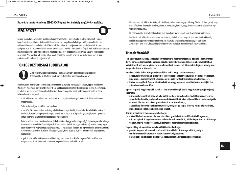 Tisztelt vásárló, Megjegyzés, Fontos biztonsági tudnivalók | Esi-2200cs | Dyras ESI-2200CS User Manual | Page 31 / 39