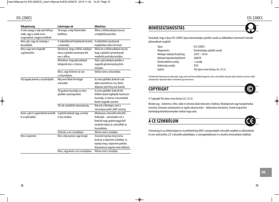 Minőségtanúsítás, Copyright, A ce szimbólum | Esi-2200cs | Dyras ESI-2200CS User Manual | Page 37 / 39