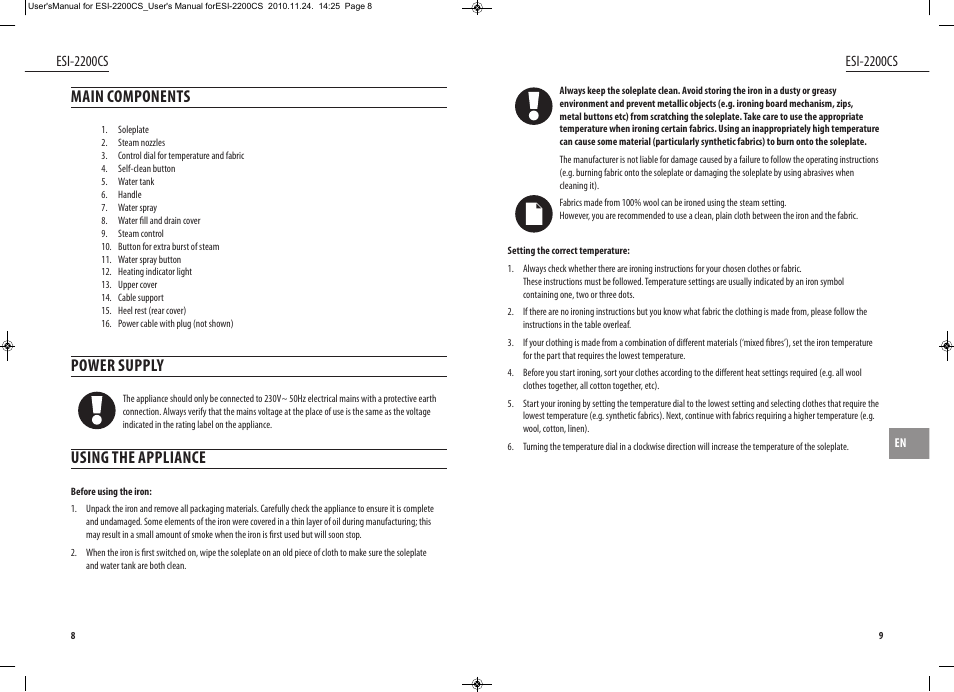 Main components, Power supply, Using the appliance | Esi-2200cs | Dyras ESI-2200CS User Manual | Page 5 / 39