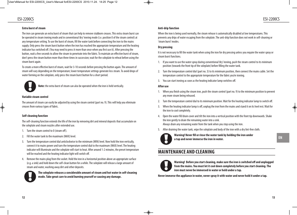 Maintenance and cleaning, Esi-2200cs | Dyras ESI-2200CS User Manual | Page 7 / 39