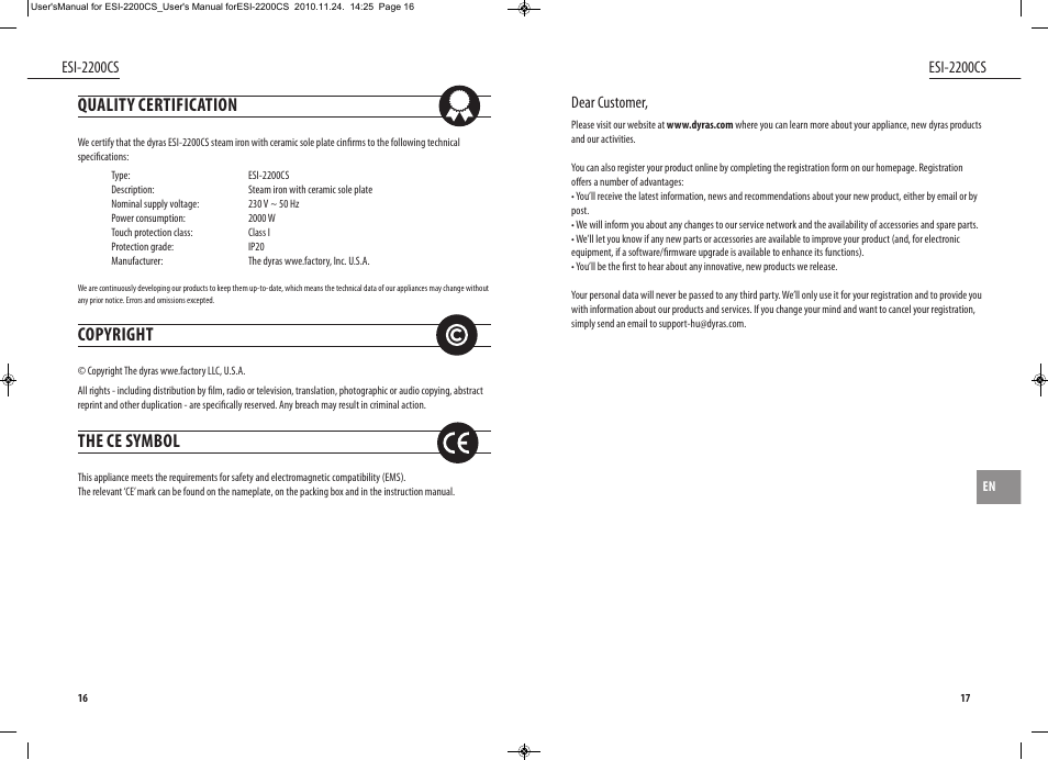 Quality certification, Copyright, The ce symbol | Esi-2200cs, Dear customer | Dyras ESI-2200CS User Manual | Page 9 / 39