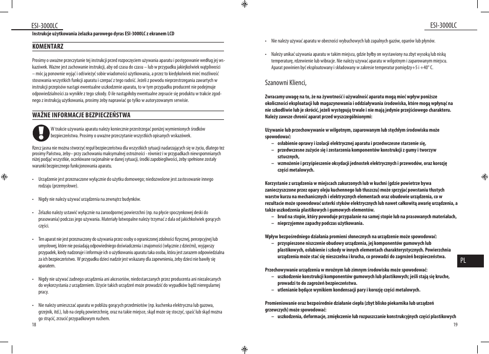 Esi-3000lc, Esi-3000lc pl, Szanowni klienci | Dyras ESI-3000LC User Manual | Page 10 / 37