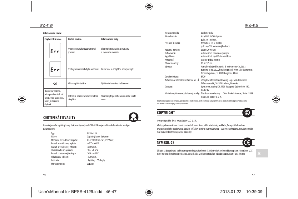 Copyright, Symbol ce, Certifikát kvality | Dyras BPSS-4129 User Manual | Page 24 / 31