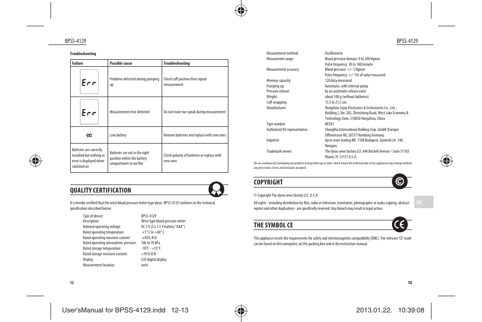 Copyright, The symbol ce, Quality certification | Dyras BPSS-4129 User Manual | Page 7 / 31