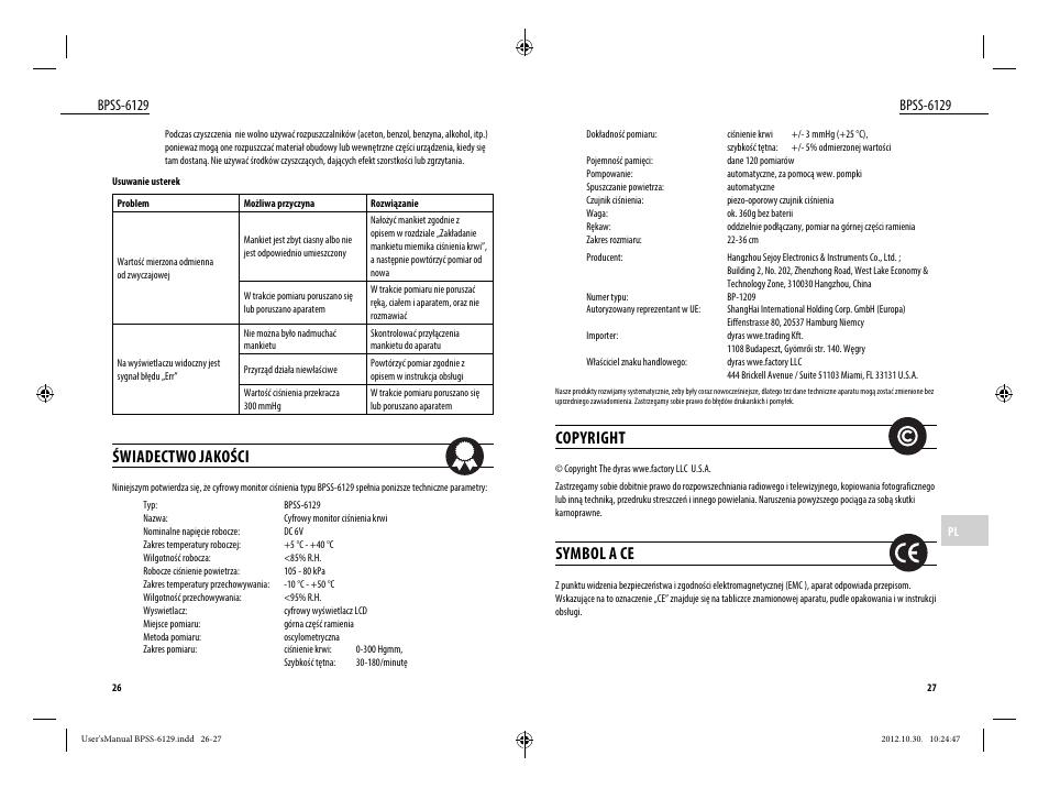 Świadectwo jakości, Copyright, Symbol a ce | Bpss-6129 | Dyras BPSS-6129 User Manual | Page 14 / 33