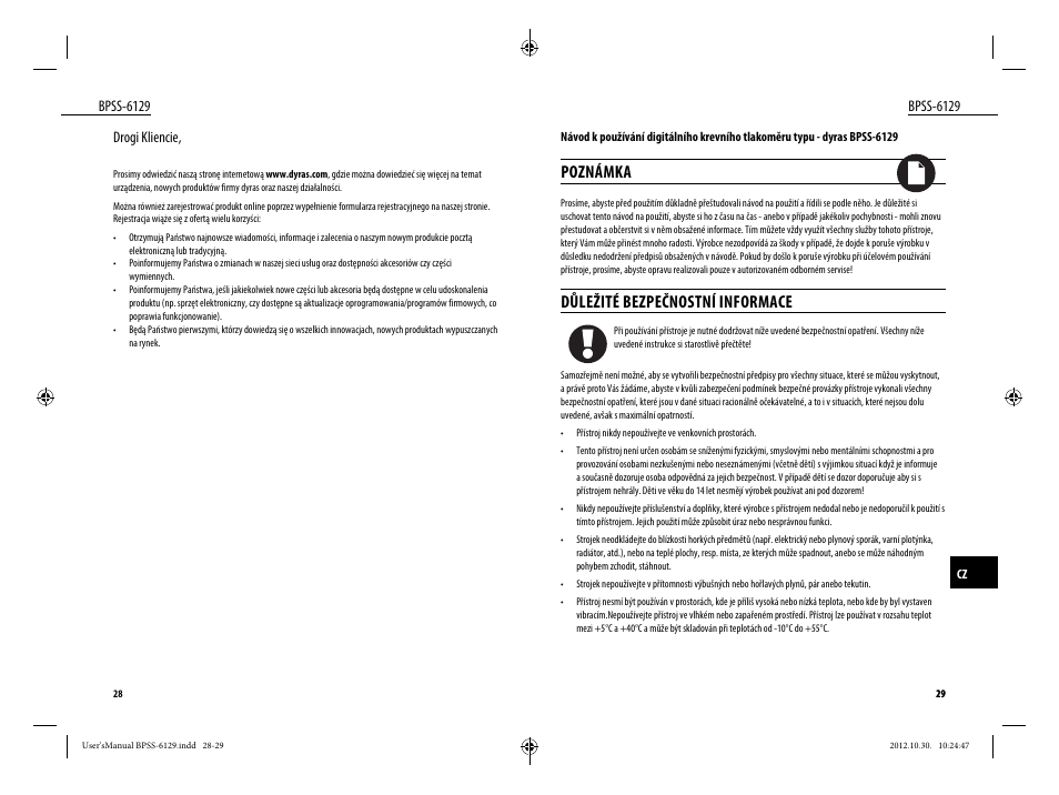 Poznámka, Důležité bezpečnostní informace | Dyras BPSS-6129 User Manual | Page 15 / 33