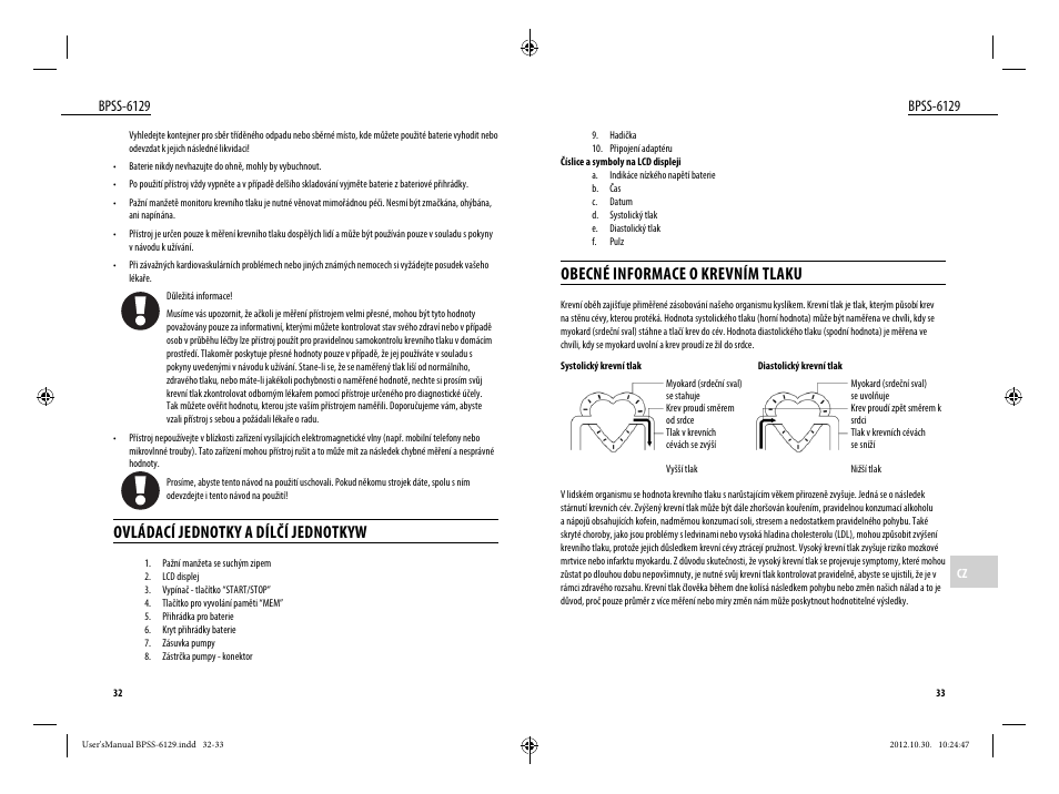 Ovládací jednotky a dílčí jednotkyw, Obecné informace o krevním tlaku, Bpss-6129 | Dyras BPSS-6129 User Manual | Page 17 / 33