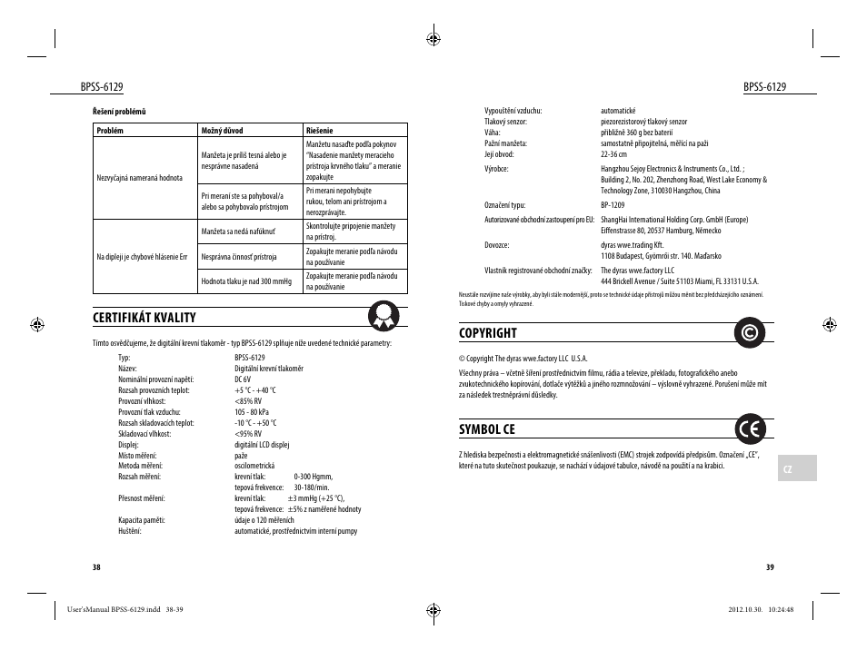 Certifikát kvality, Copyright, Symbol ce | Bpss-6129 | Dyras BPSS-6129 User Manual | Page 20 / 33