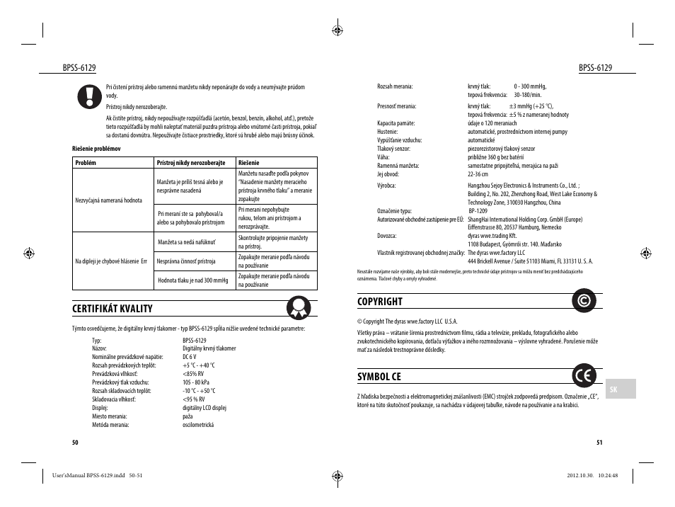 Certifikát kvality, Copyright, Symbol ce | Bpss-6129 | Dyras BPSS-6129 User Manual | Page 26 / 33