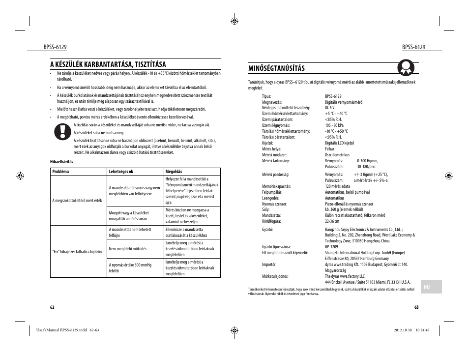 Minőségtanúsítás, A készülék karbantartása, tisztítása, Bpss-6129 | Dyras BPSS-6129 User Manual | Page 32 / 33