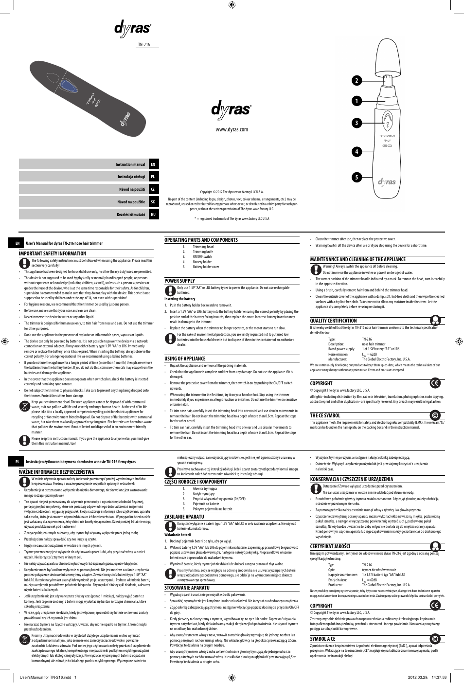 Dyras TN-216 User Manual | 2 pages