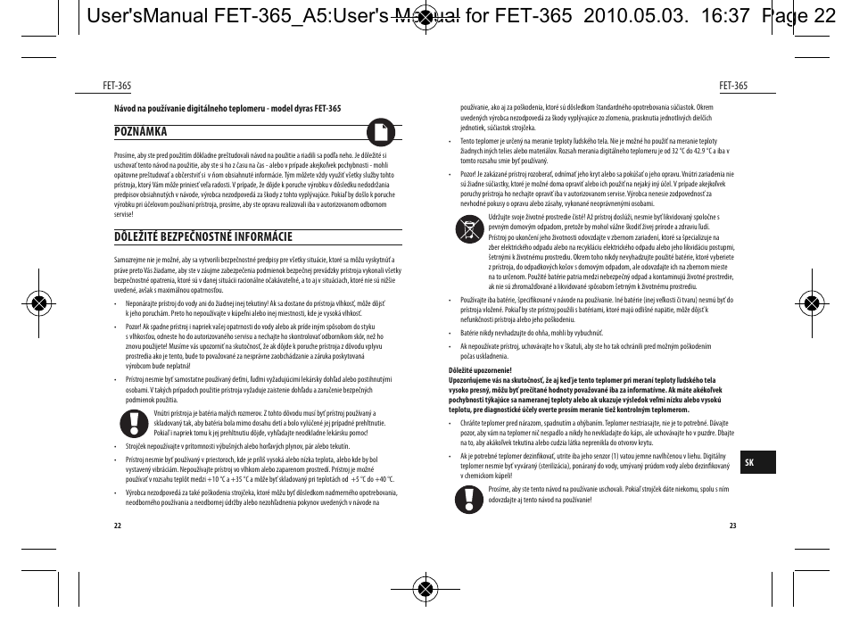 Poznámka, Dôležité bezpečnostné informácie | Dyras FET-365 User Manual | Page 12 / 17