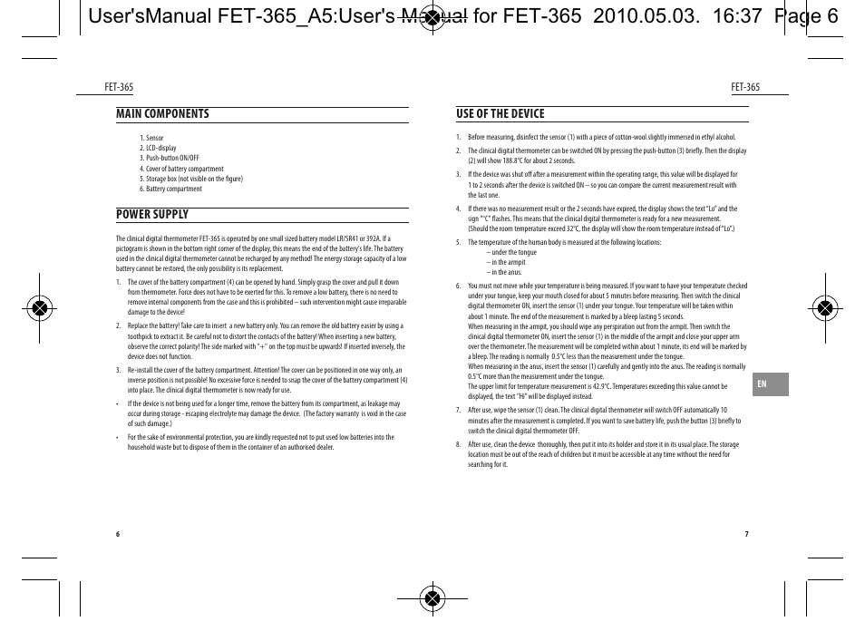 Main components, Power supply, Use of the device | Dyras FET-365 User Manual | Page 4 / 17