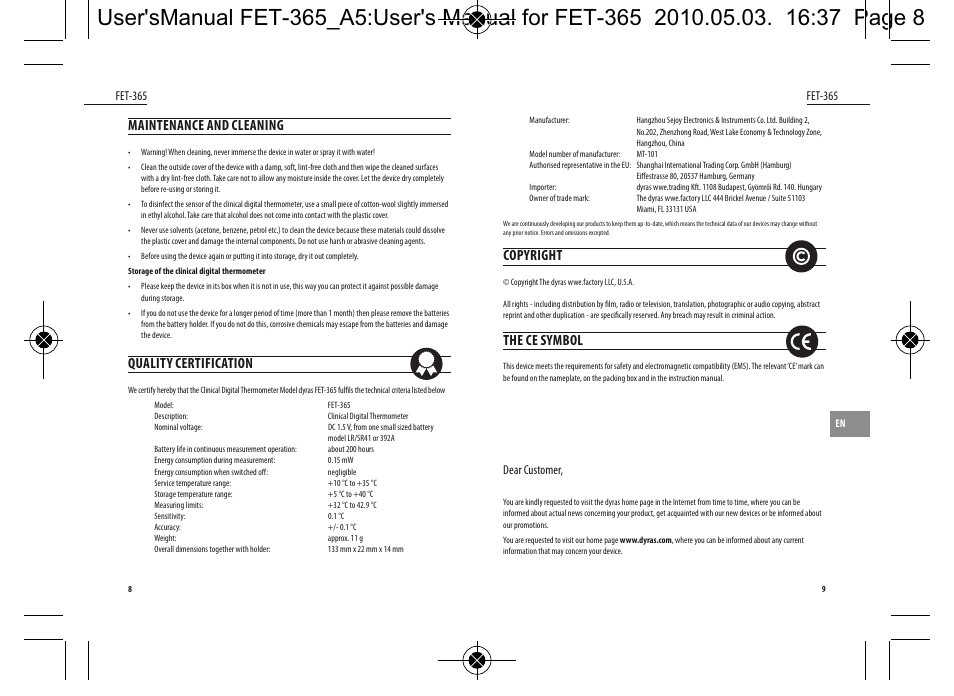 Maintenance and cleaning, Quality certification, Copyright | The ce symbol | Dyras FET-365 User Manual | Page 5 / 17