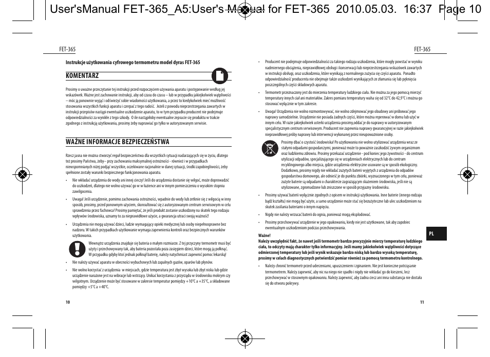 Komentarz, Ważne informacje bezpieczeństwa | Dyras FET-365 User Manual | Page 6 / 17