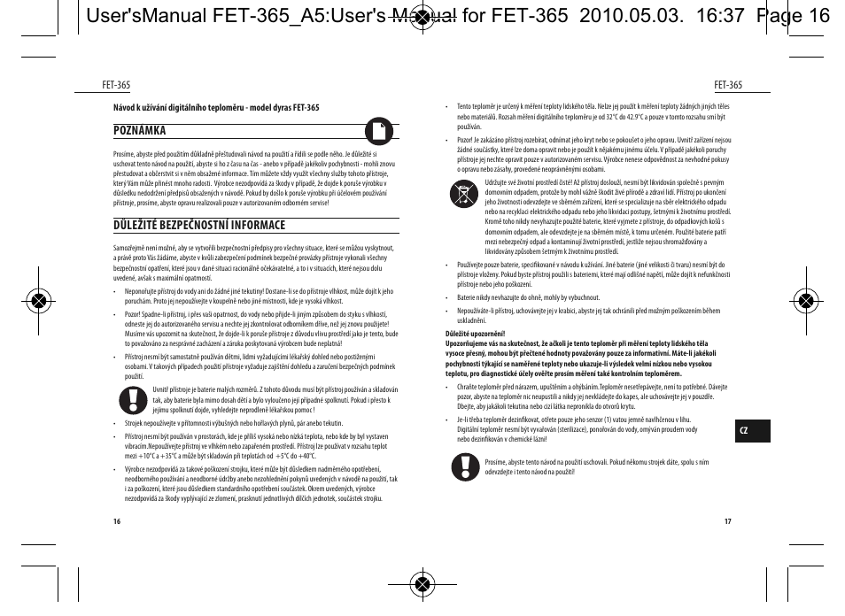 Poznámka, Důležité bezpečnostní informace | Dyras FET-365 User Manual | Page 9 / 17