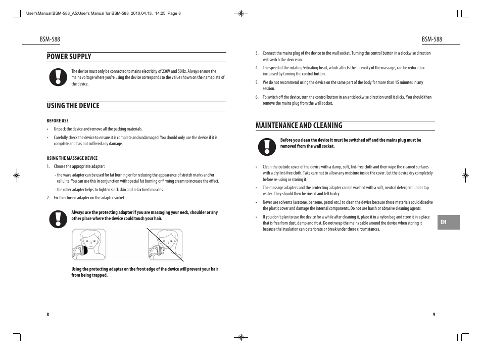 Power supply, Using the device, Maintenance and cleaning | Dyras BSM-588 User Manual | Page 5 / 23