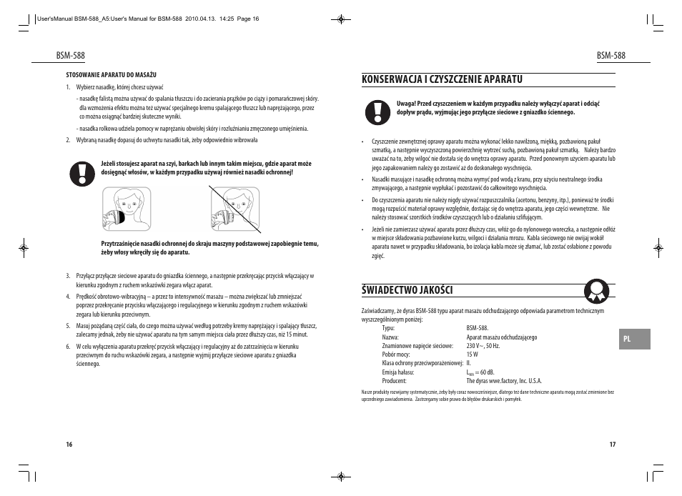 Konserwacja i czyszczenie aparatu, Świadectwo jakości, Bsm-588 | Dyras BSM-588 User Manual | Page 9 / 23