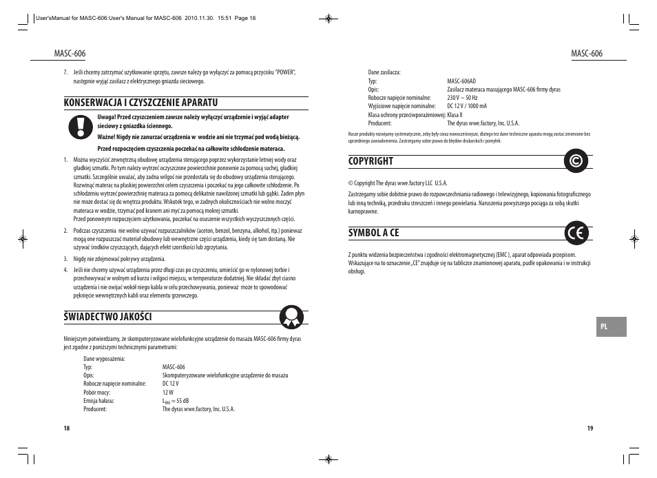 Konserwacja i czyszczenie aparatu, Świadectwo jakości, Copyright | Symbol a ce | Dyras MASC-606 User Manual | Page 10 / 25