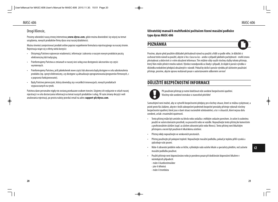 Poznámka, Důležité bezpečnostní informace | Dyras MASC-606 User Manual | Page 11 / 25
