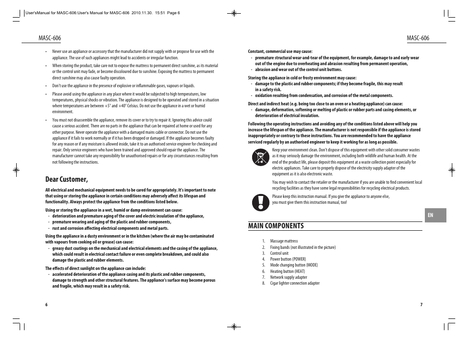 Main components, Dear customer, Masc-606 | Dyras MASC-606 User Manual | Page 4 / 25