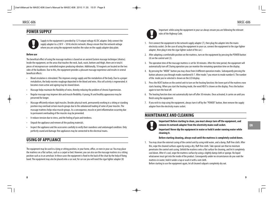 Maintenance and cleaning, Power supply, Using of appliance | Dyras MASC-606 User Manual | Page 5 / 25