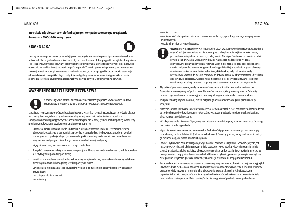 Komentarz, Ważne informacje bezpieczeństwa | Dyras MASC-606 User Manual | Page 7 / 25