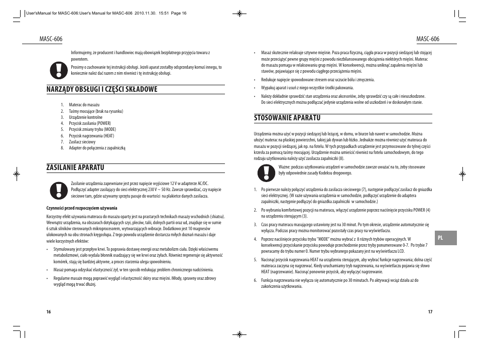 Stosowanie aparatu, Narządy obsługi i części składowe, Zasilanie aparatu | Dyras MASC-606 User Manual | Page 9 / 25
