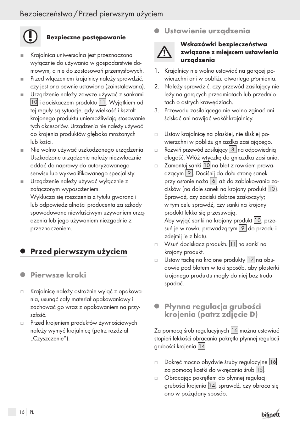 Bezpieczeństwo / przed pierwszym użyciem, Przed pierwszym użyciem, Pierwsze kroki | Ustawienie urządzenia | Bifinett KH 150 User Manual | Page 14 / 66