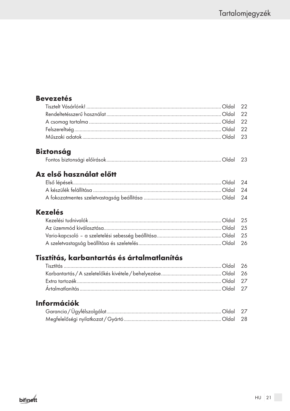 Tartalomjegyzék | Bifinett KH 150 User Manual | Page 19 / 66