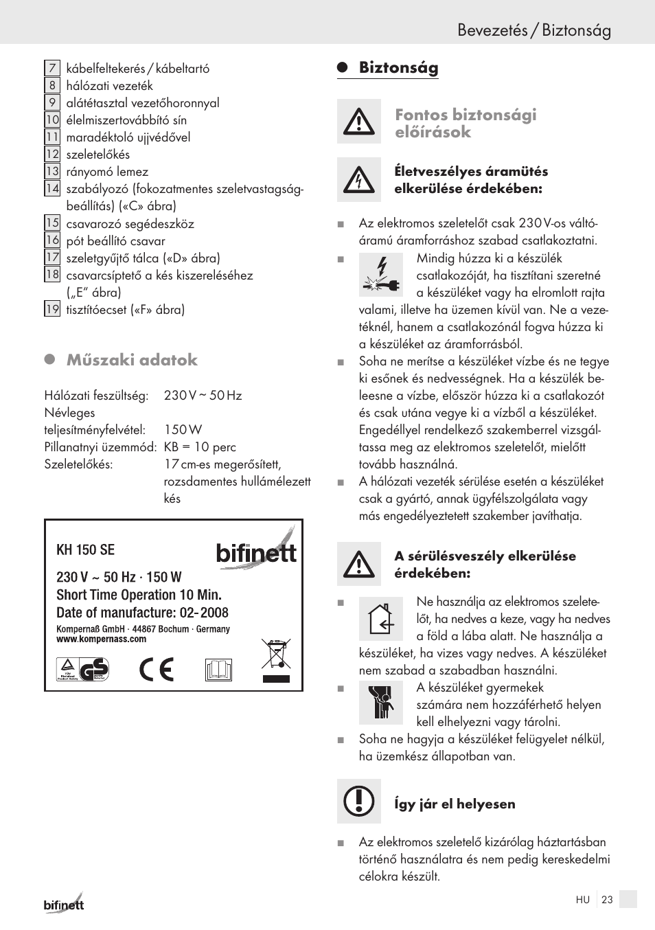 Bevezetés / biztonság, Műszaki adatok, Biztonság fontos biztonsági előírások | Bifinett KH 150 User Manual | Page 21 / 66