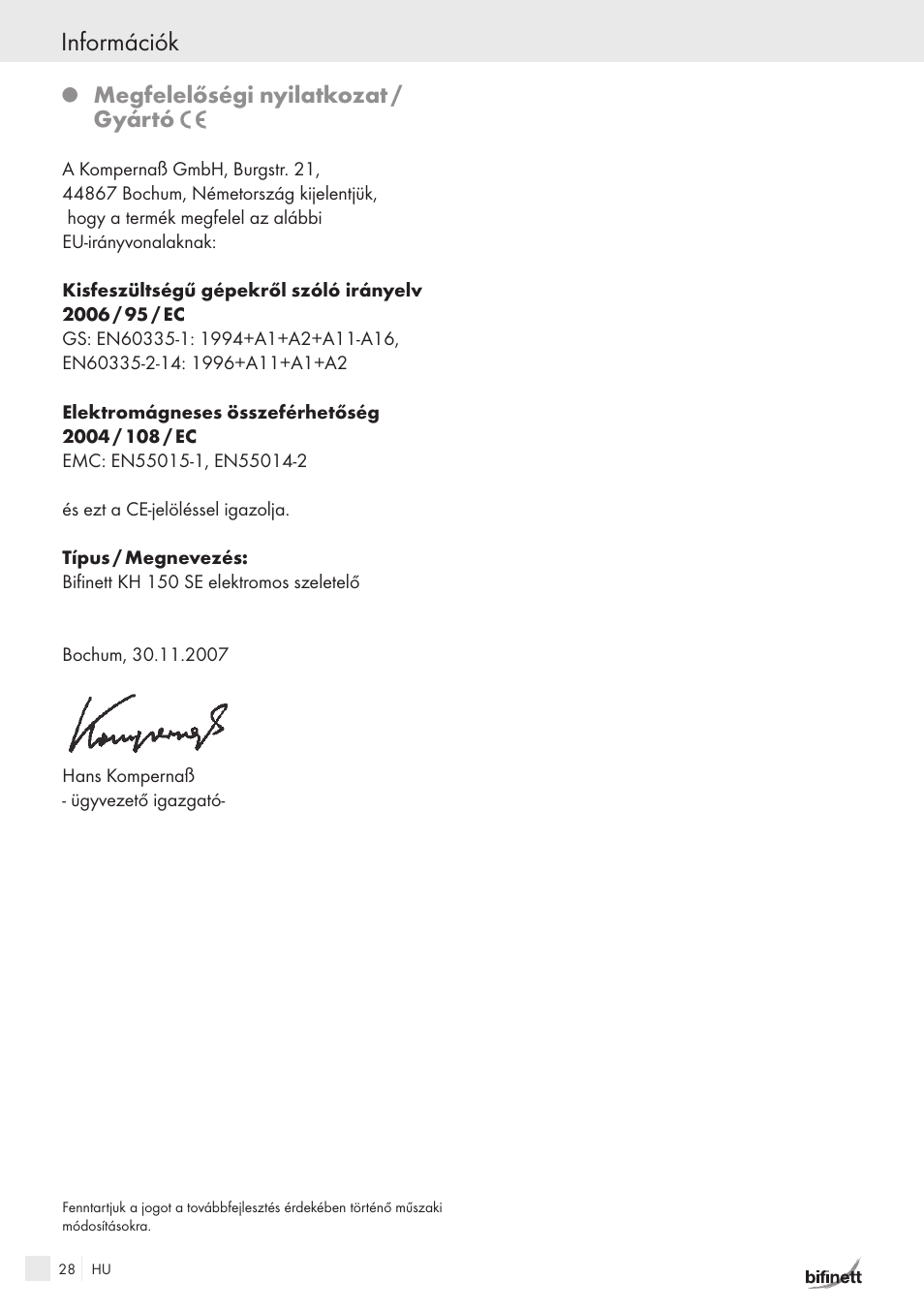 Információk, Megfelelőségi nyilatkozat / gyártó | Bifinett KH 150 User Manual | Page 26 / 66