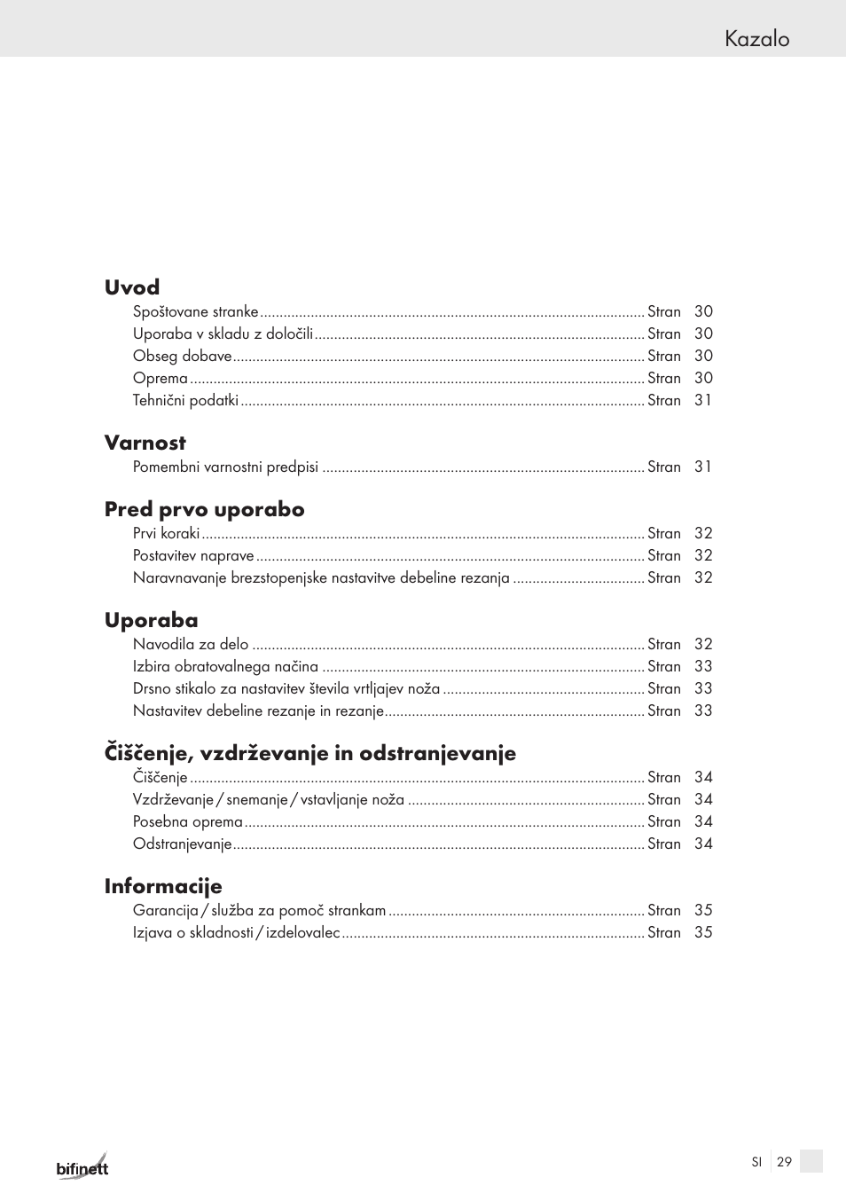 Kazalo | Bifinett KH 150 User Manual | Page 27 / 66