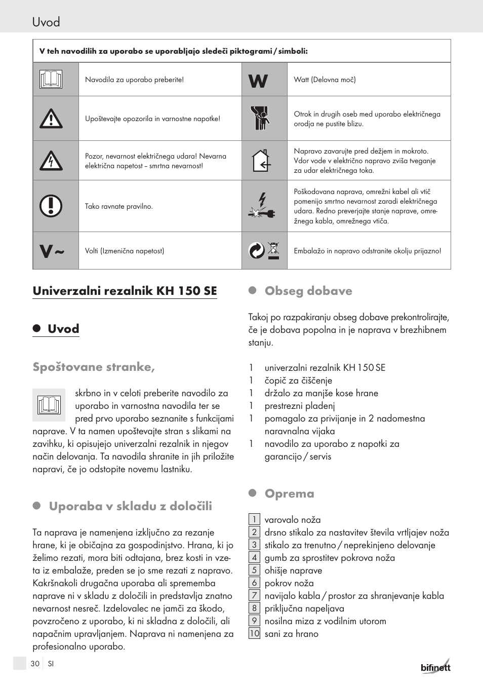 Uvod, Univerzalni rezalnik kh 150 se, Uvod spoštovane stranke | Uporaba v skladu z določili, Obseg dobave, Oprema | Bifinett KH 150 User Manual | Page 28 / 66