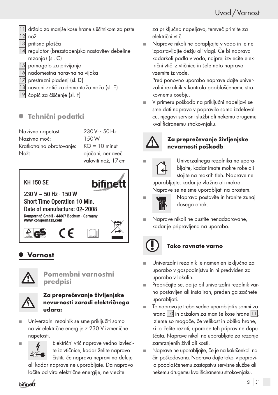 Uvod / varnost, Tehnični podatki, Varnost pomembni varnostni predpisi | Bifinett KH 150 User Manual | Page 29 / 66