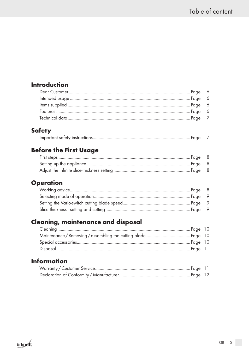 Table of content | Bifinett KH 150 User Manual | Page 3 / 66