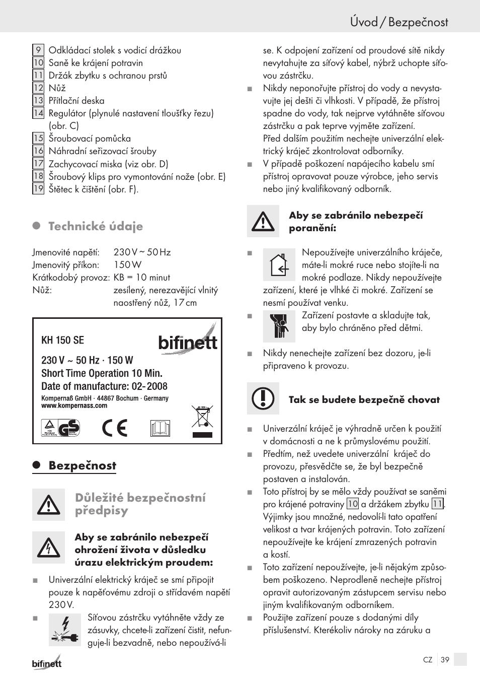 Úvod / bezpečnost, Technické údaje, Bezpečnost důležité bezpečnostní předpisy | Bifinett KH 150 User Manual | Page 37 / 66