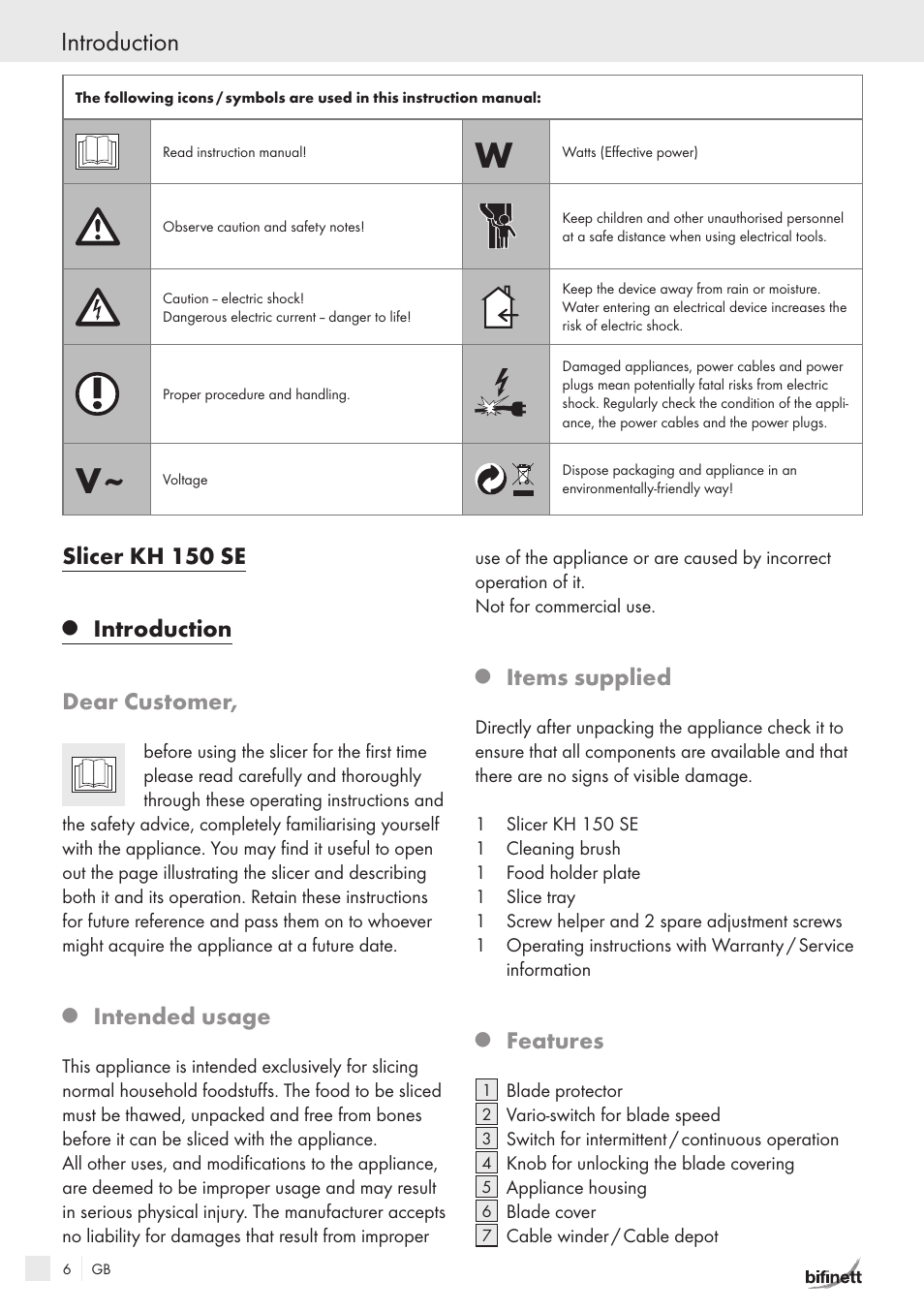 Introduction, Slicer kh 150 se, Introduction dear customer | Intended usage, Items supplied, Features | Bifinett KH 150 User Manual | Page 4 / 66