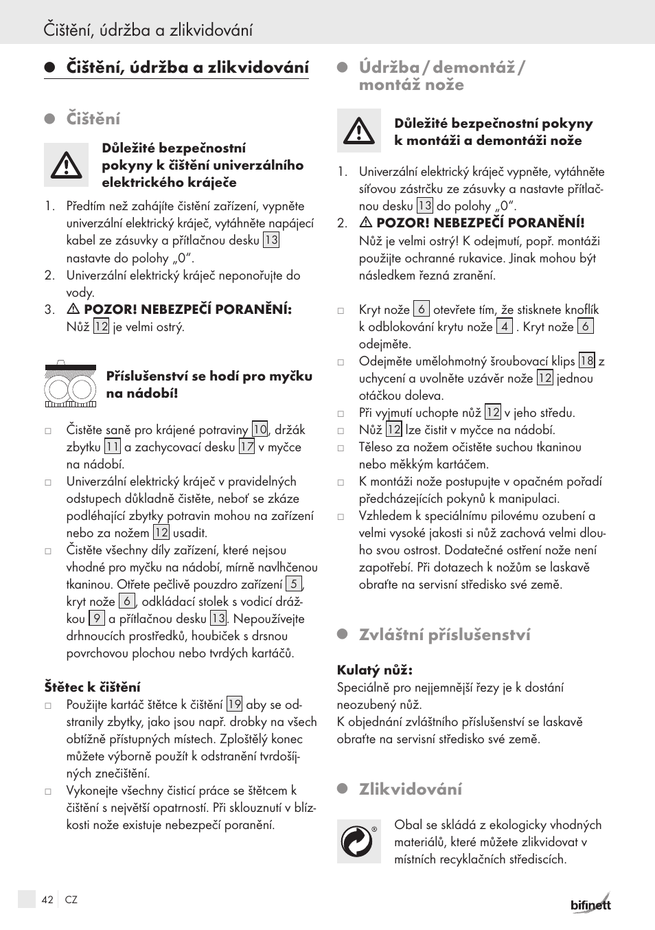 Čištění, údržba a zlikvidování, Čištění, Údržba / demontáž / montáž nože | Zvláštní příslušenství, Zlikvidování | Bifinett KH 150 User Manual | Page 40 / 66