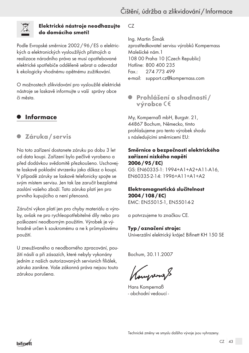 Čištění, údržba a zlikvidování / informace, Informace, Záruka / servis | Prohlášení o shodnosti / výrobce | Bifinett KH 150 User Manual | Page 41 / 66