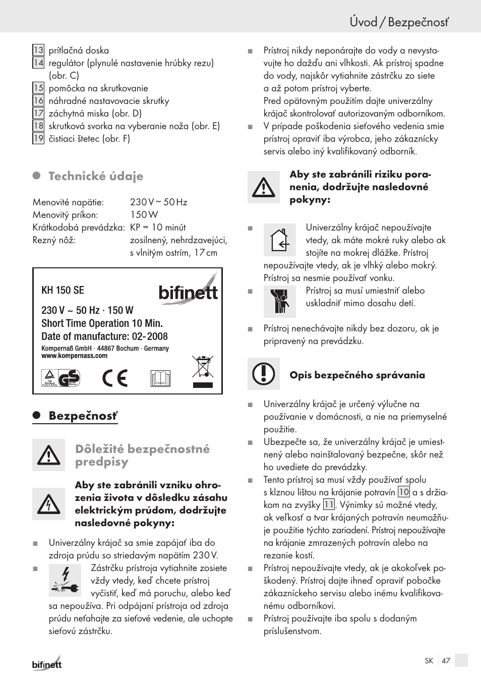 Úvod / bezpečnosť, Technické údaje, Bezpečnosť dôležité bezpečnostné predpisy | Bifinett KH 150 User Manual | Page 45 / 66