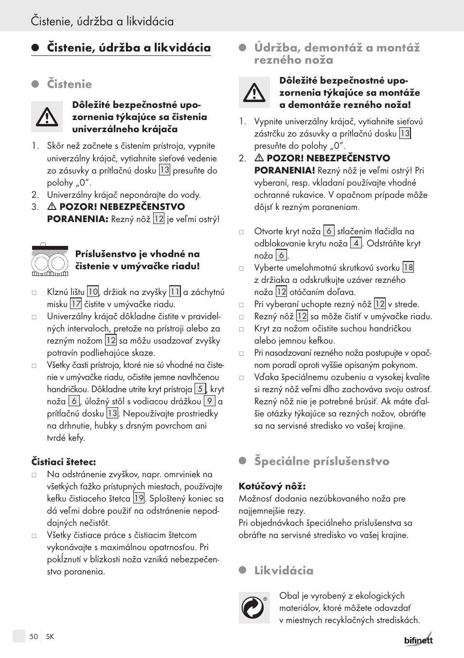 Čistenie, údržba a likvidácia, Čistenie, Údržba, demontáž a montáž rezného noža | Špeciálne príslušenstvo, Likvidácia | Bifinett KH 150 User Manual | Page 48 / 66