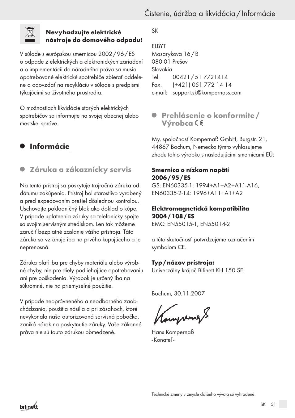 Čistenie, údržba a likvidácia / informácie, Informácie, Záruka a zákaznícky servis | Prehlásenie o konformite / výrobca | Bifinett KH 150 User Manual | Page 49 / 66