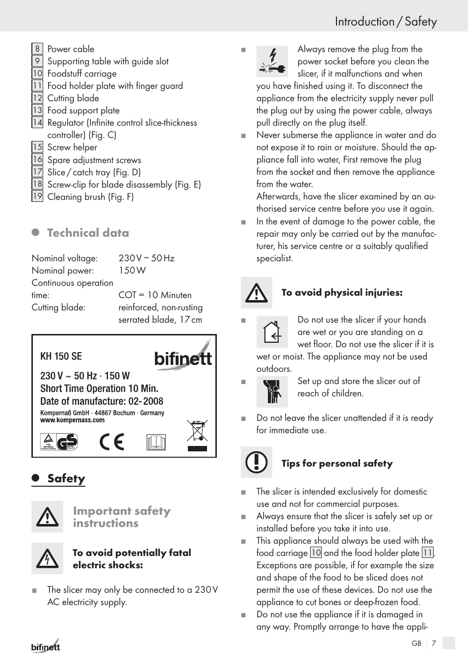 Introduction / safety, Technical data, Safety important safety instructions | Bifinett KH 150 User Manual | Page 5 / 66