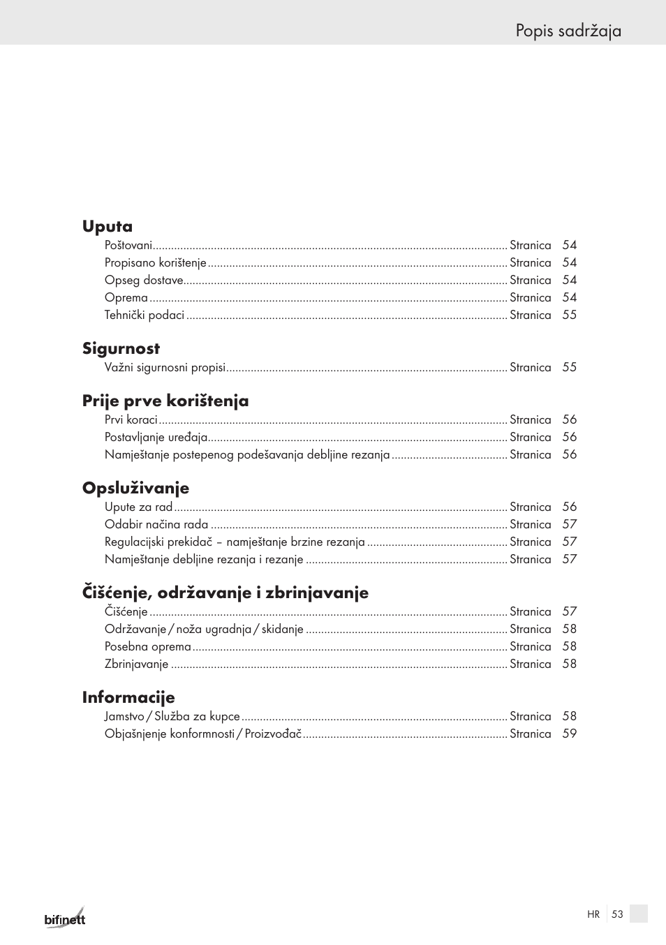 Popis sadržaja | Bifinett KH 150 User Manual | Page 51 / 66