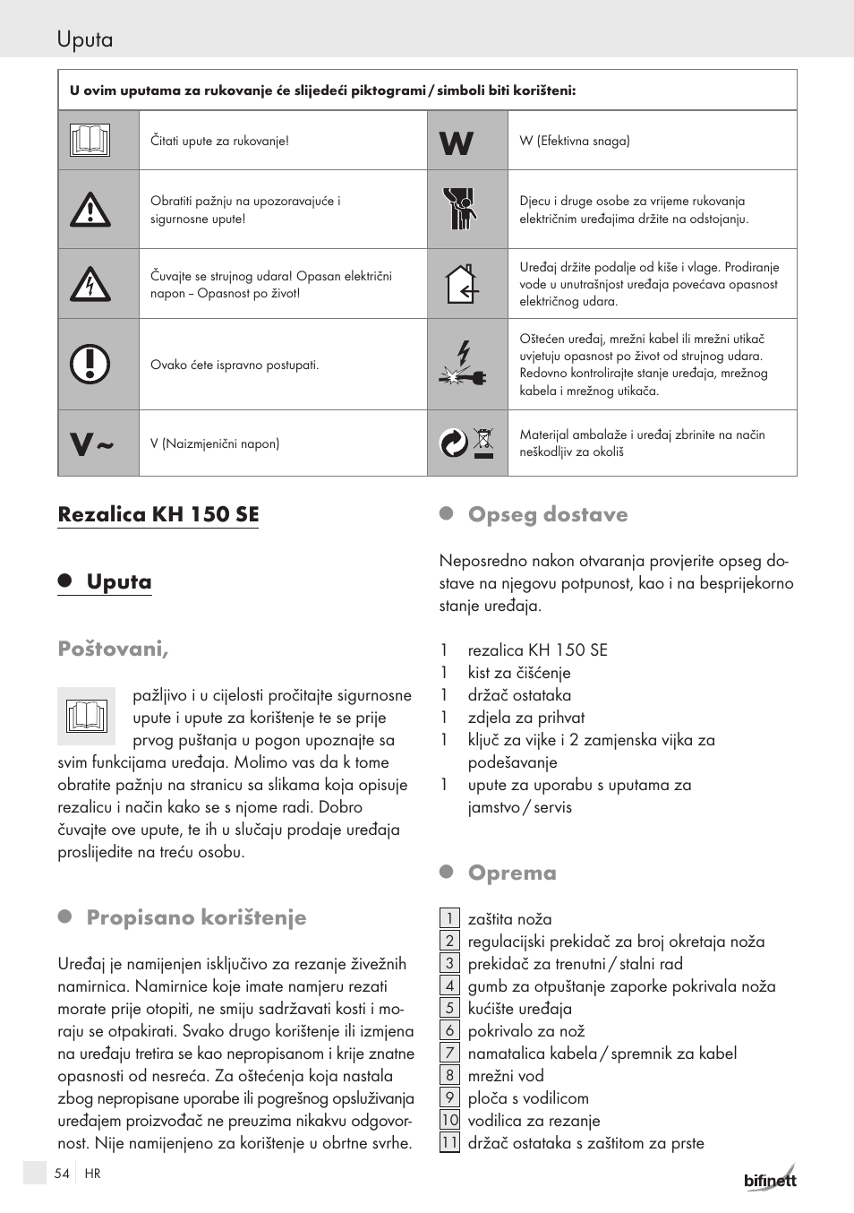Uputa, Rezalica kh 150 se, Uputa poštovani | Propisano korištenje, Opseg dostave, Oprema | Bifinett KH 150 User Manual | Page 52 / 66
