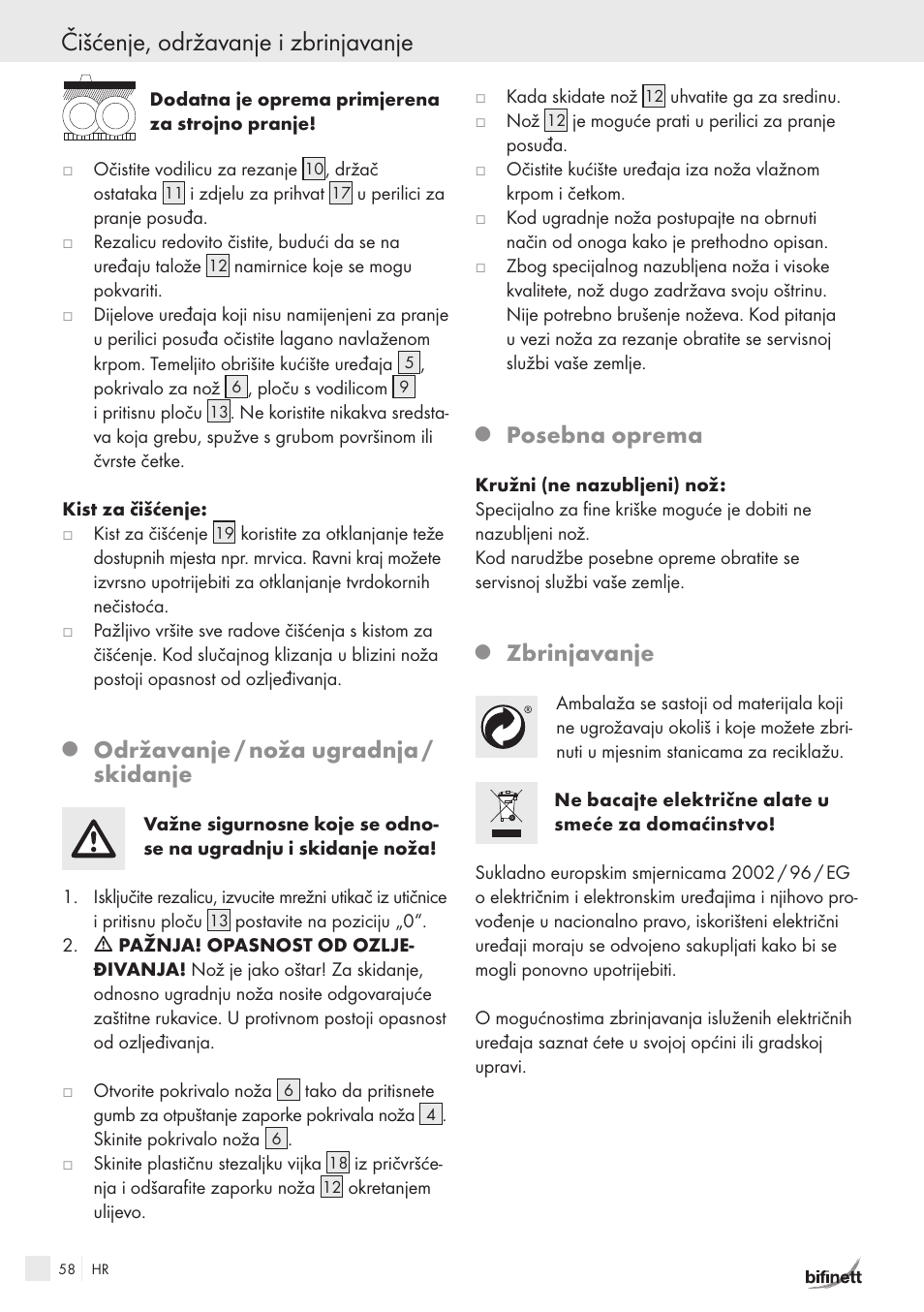 Čišćenje, održavanje i zbrinjavanje, Održavanje / noža ugradnja / skidanje, Posebna oprema | Zbrinjavanje | Bifinett KH 150 User Manual | Page 56 / 66
