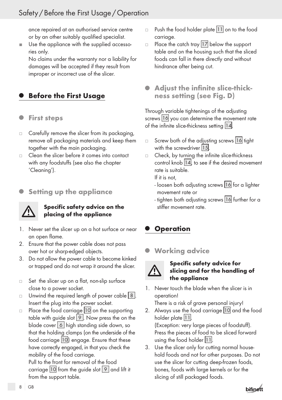 Safety / before the first usage / operation, Before the first usage, First steps | Setting up the appliance, Operation, Working advice | Bifinett KH 150 User Manual | Page 6 / 66