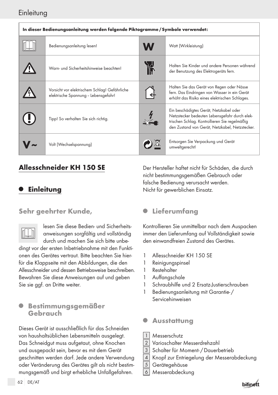 Einleitung, Allesschneider kh 150 se, Einleitung sehr geehrter kunde | Bestimmungsgemäßer gebrauch, Lieferumfang, Ausstattung | Bifinett KH 150 User Manual | Page 60 / 66